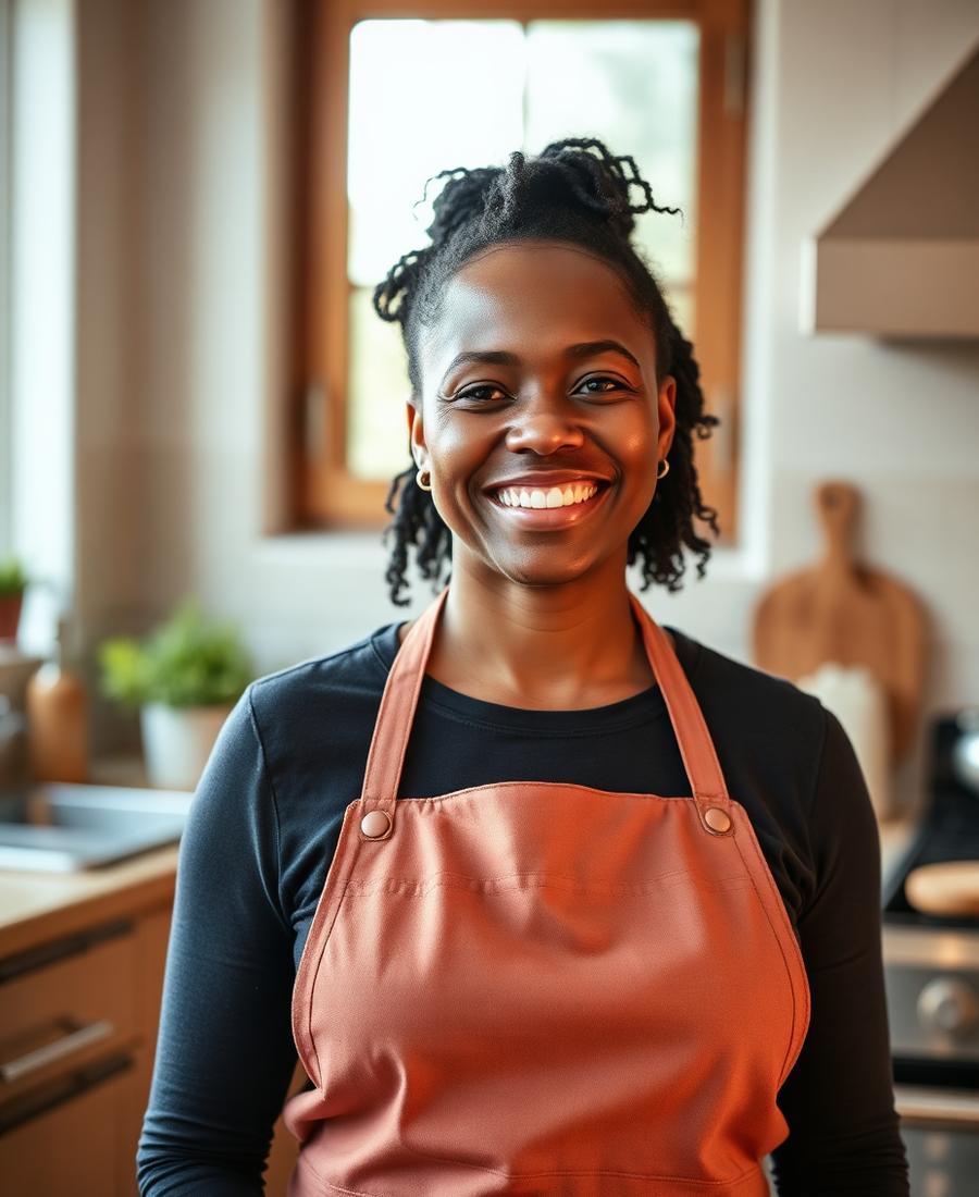 A home cook in an apron in their own kitchen