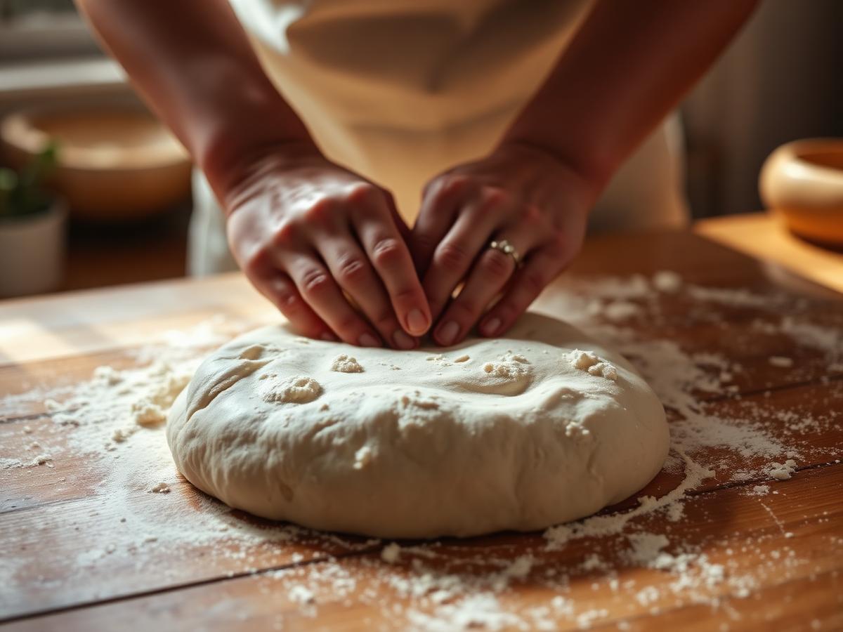 Hands preparing dough on a wooden kitchen counter