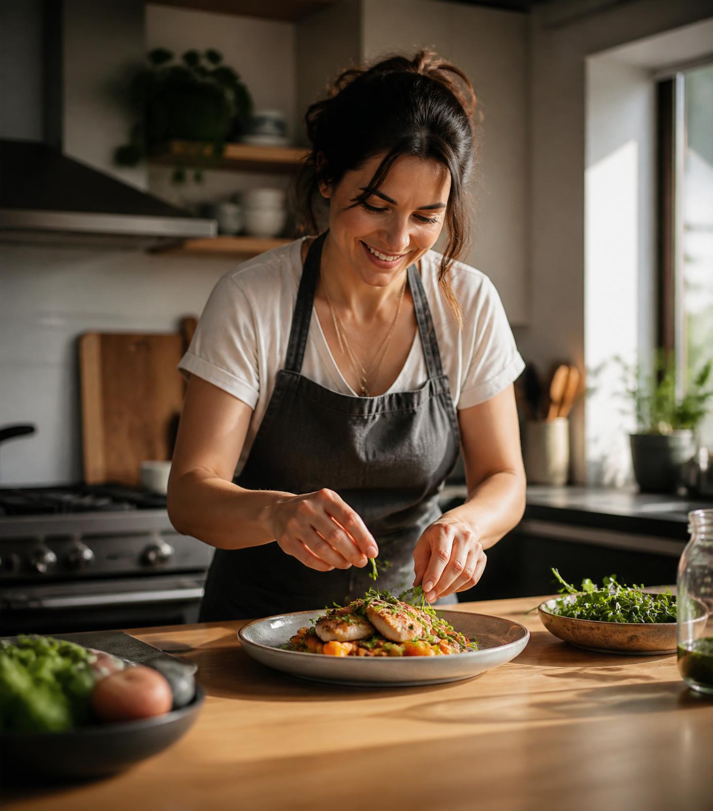 A home cook plating a homemade meal in a bright kitchen